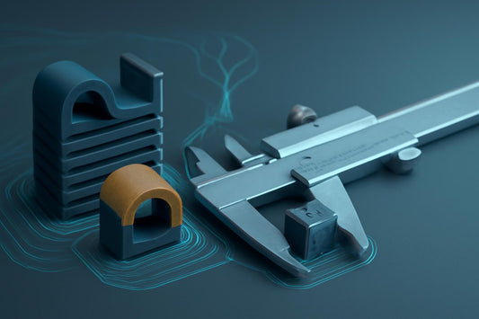 3D render of FDM microproduction with cable clips, a test block, and a caliper in a clean setup.