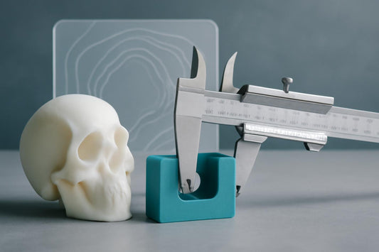 Dimensional inspection of 3D printed parts on a clean lab bench with tools and soft lighting.