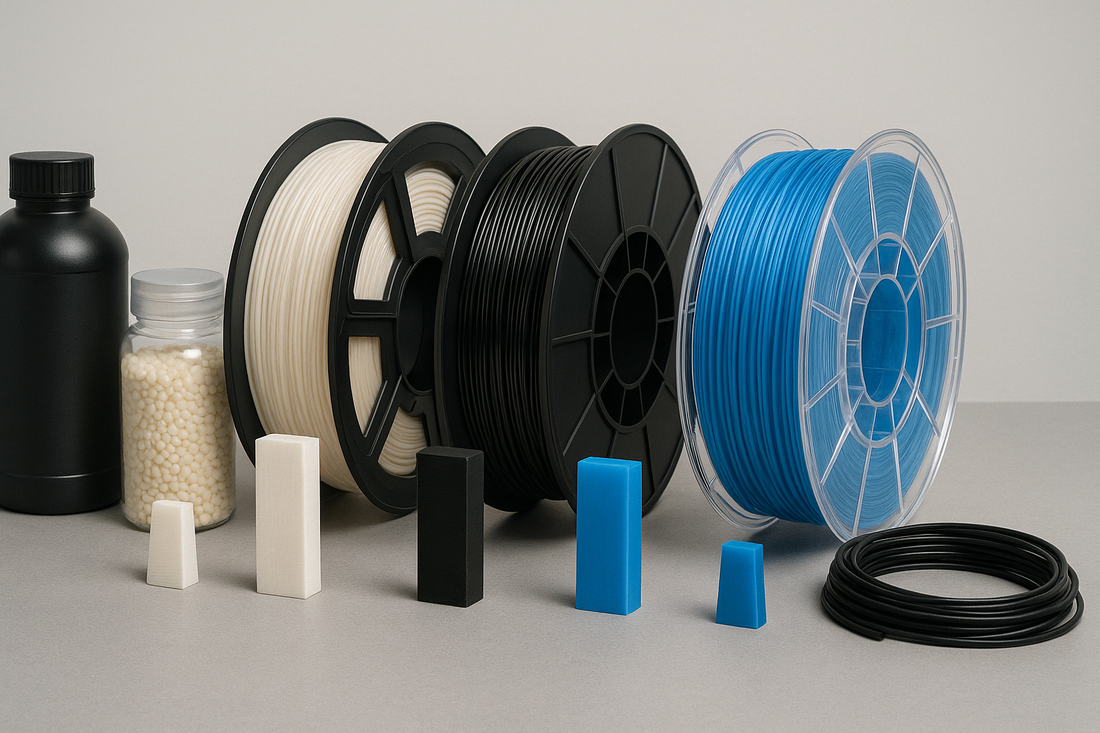 Realistic 16:9 photo of different 3D printing materials and filaments (PLA, PETG, ABS, TPU) arranged neatly on a workbench with matching printed samples, neutral background