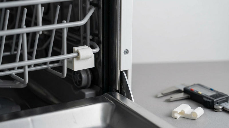 3D geprint kunststof clip gemonteerd in open huishoudelijk apparaat met tweede losse clip en schuifmaat op wazige voorgrond
