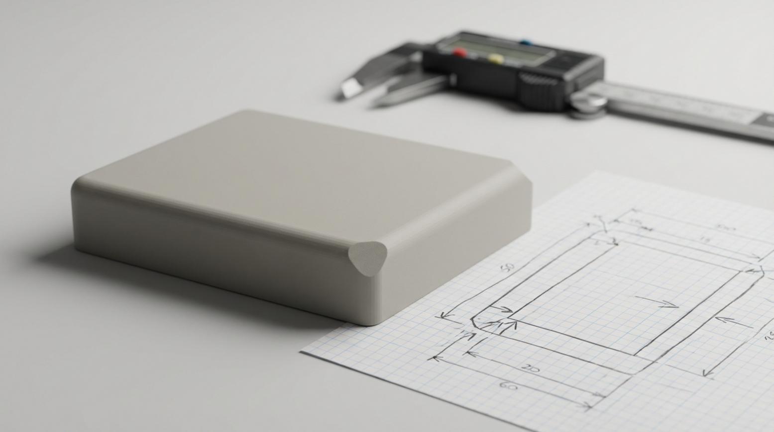 3D-geprint rechthoekig onderdeel naast schets op ruitjespapier met schuifmaat, zachte studioverlichting en minimale grijze achtergrond