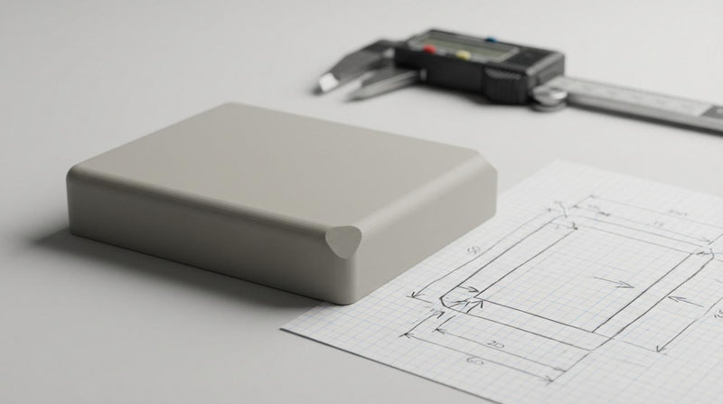 3D-geprint rechthoekig onderdeel naast schets op ruitjespapier met schuifmaat, zachte studioverlichting en minimale grijze achtergrond