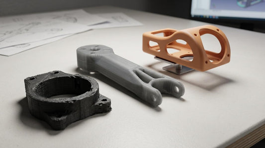  3D‑printed drone part prototypes evolving from rough to refined on an engineering workbench