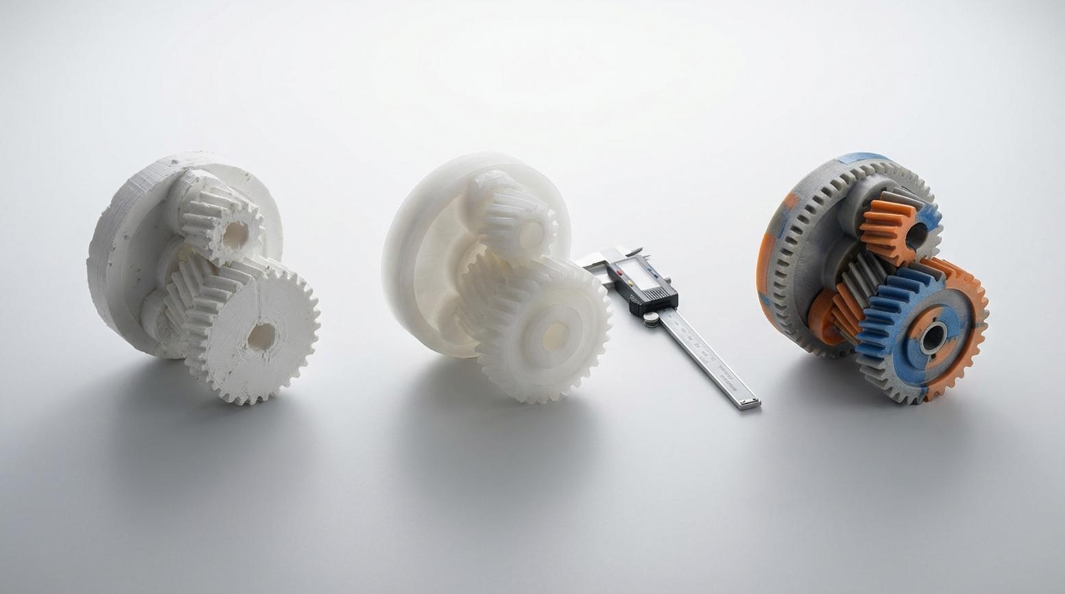 3D prints in oplopende detail van eenvoudig wit prototype naar kleurrijk eindproduct met schuifmaat op grijze studiotaartafel