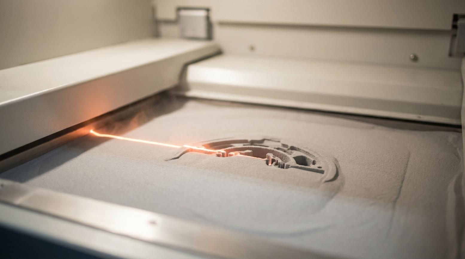 Close-up van SLS 3D-printer die met laser nylonpoeder sintert tot een complex onderdeel zichtbaar onder het poeder in een strakke industriële omgeving