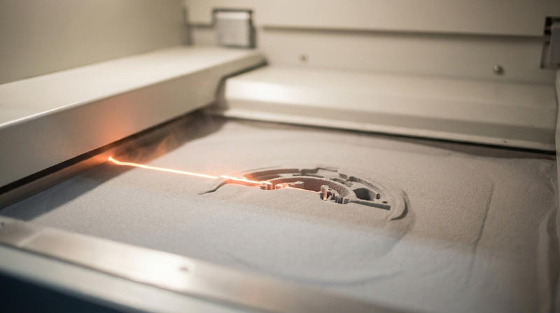 Close-up van SLS 3D-printer die met laser nylonpoeder sintert tot een complex onderdeel zichtbaar onder het poeder in een strakke industriële omgeving