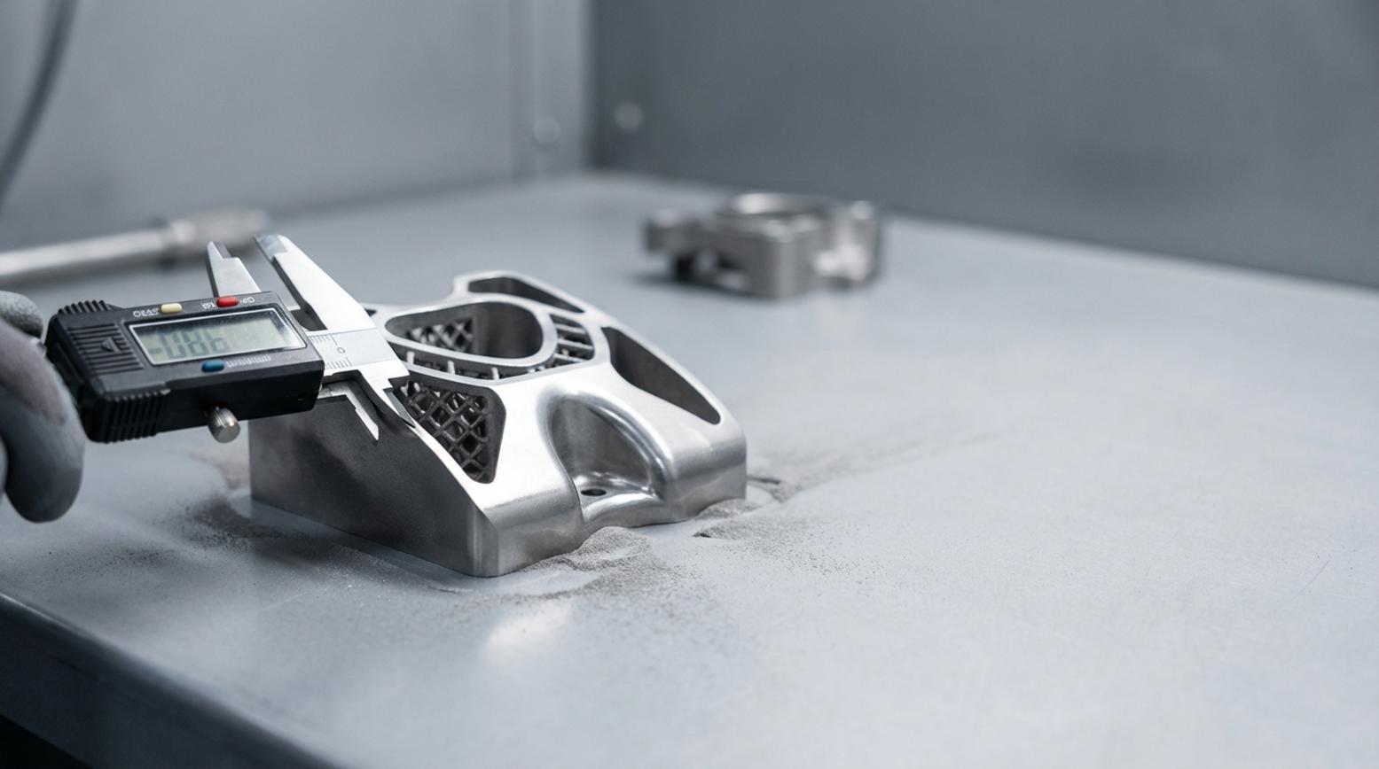 Digitale schuifmaat meet een complex metalen 3D geprint onderdeel op een schone werkbank met lichte poederresten en onscherpe achtergrond