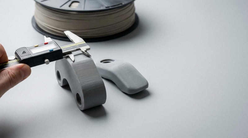 Digitale schuifmaat meet matte 3D print onderdeel op tafel met tweede gladder exemplaar en filamentspoel wazig op achtergrond