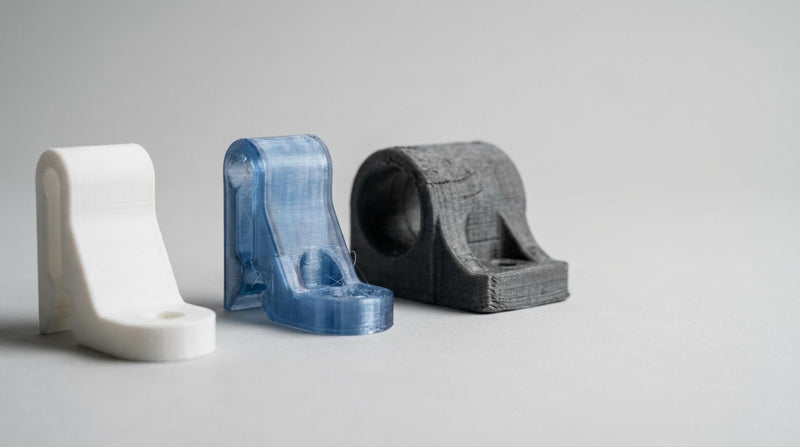 Drie 3D-geprinte onderdelen van PLA, PETG en ABS met zichtbare verschillen in textuur, PETG centraal met lichte glans en transparantie