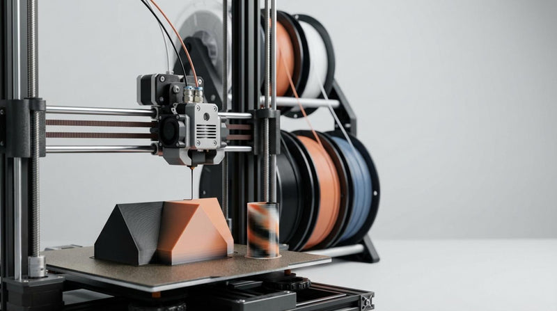 FDM 3D-printer print een meerkleurig object met zichtbare lagen en purge tower, scherp focus op de nozzle, spoelen vaag op achtergrond