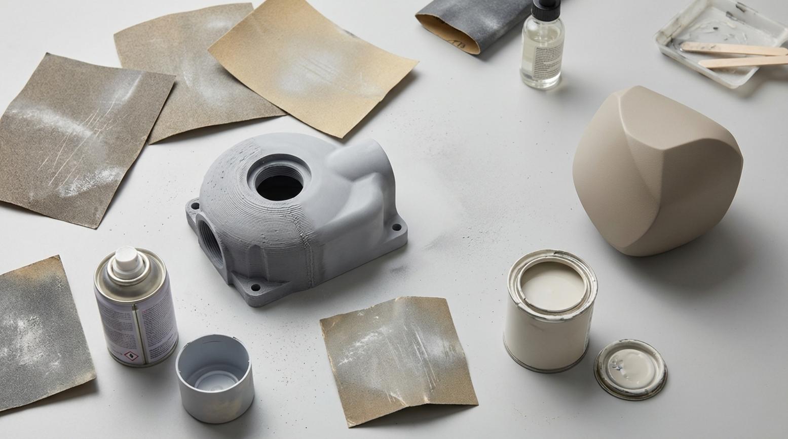 Flat lay van 3D print nabewerking met half geschuurde print schuurpapier primer verf en afgewerkt stuk op lichtgrijze ondergrond