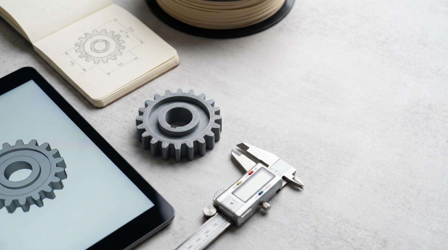 Flat lay van 3D print workflow met tabletmodel geprint object schuifmaat schetsboek en filamentrol op grijze achtergrond