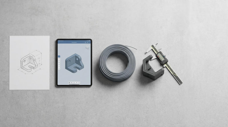 Flat lay van 3D printproces met schets, tablet met CAD model, filamentspoel en geprint object met schuifmaat op lichte achtergrond
