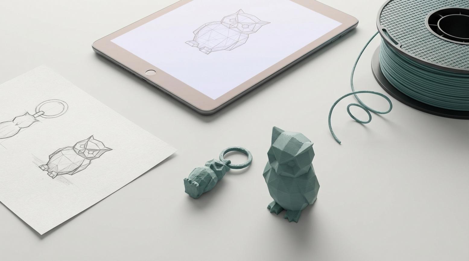Flatlay van 3D printproces met schets, tablet met CAD, filamentspoel en afgewerkte prints op lichtgrijze achtergrond