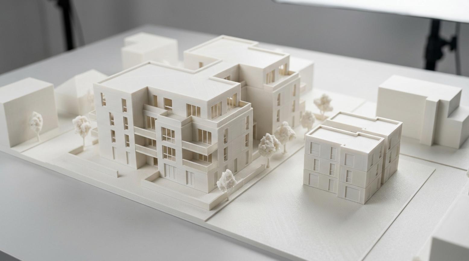 Fotorealistisch schaalmodel van modern woongebouw in wit 3D print met kleine bomen en zachte studioverlichting schuin van boven gefotografeerd