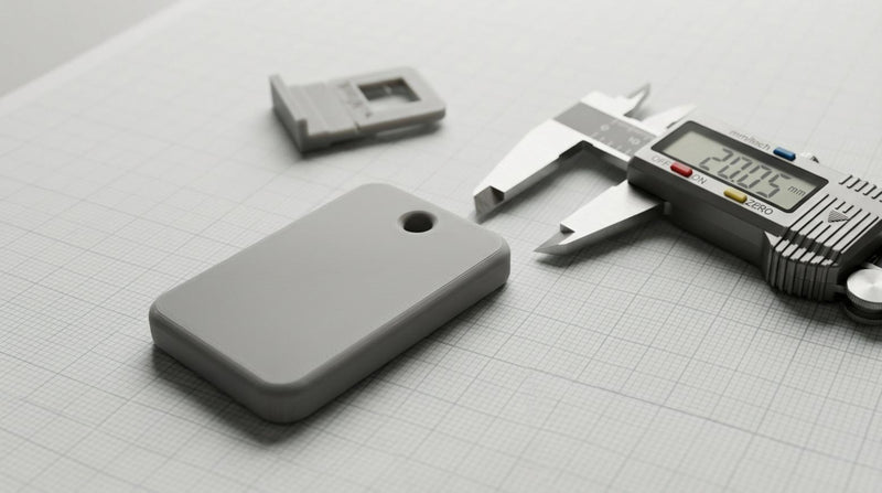 Fotorealistische 3D geprinte sleutelhanger op lichtgrijs ruitjespapier met schuifmaat en klein teststuk op de achtergrond