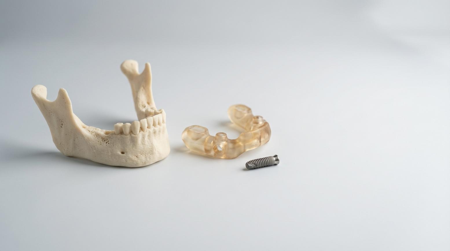 Fotorealistische productfoto van 3D-geprint botmodel, chirurgische guide en titanium implantaat op lichte studioachtergrond met zachte belichting