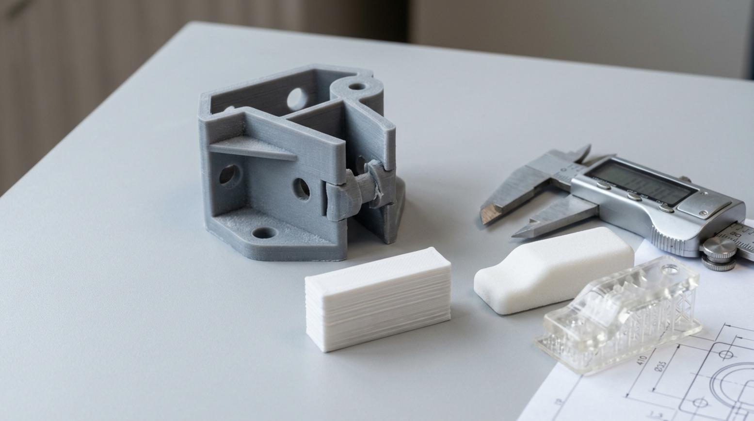 Fotorealistische productfoto van 3D-geprinte testonderdelen met schuifmaat op grijze achtergrond, focus op precisie, textuur en pasvorm