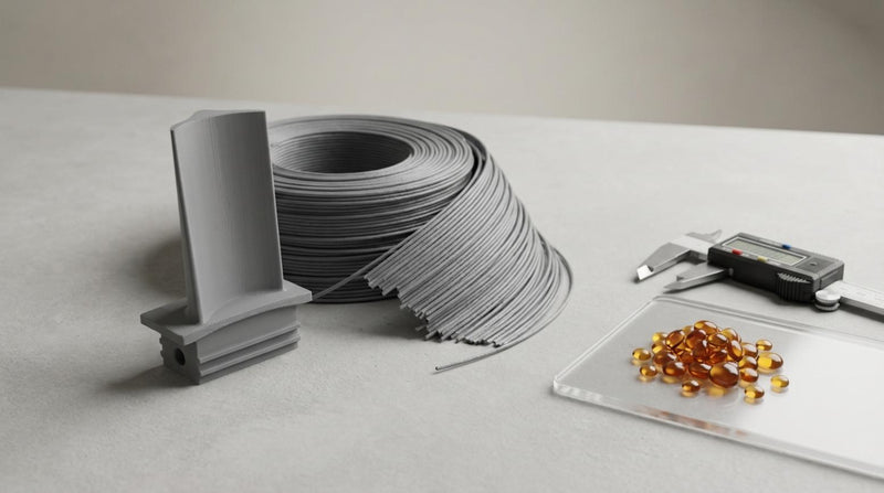 Fotorealistische studiofoto van 3D geprint onderdeel met filamentspoel, hars en schuifmaat op grijs oppervlak, symbool voor materiaalkosten