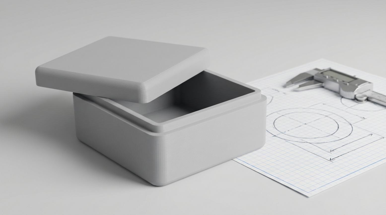 Fotorealistische studiofoto van een 3D-geprinte doos met deksel naast een technische schets en schuifmaat op een grijze achtergrond