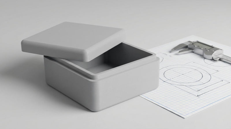 Fotorealistische studiofoto van een 3D-geprinte doos met deksel naast een technische schets en schuifmaat op een grijze achtergrond