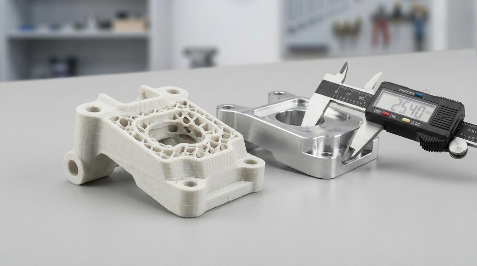 Fotorealistische vergelijking van 3D-geprint onderdeel en CNC metaaldeel met schuifmaat op grijze ondergrond