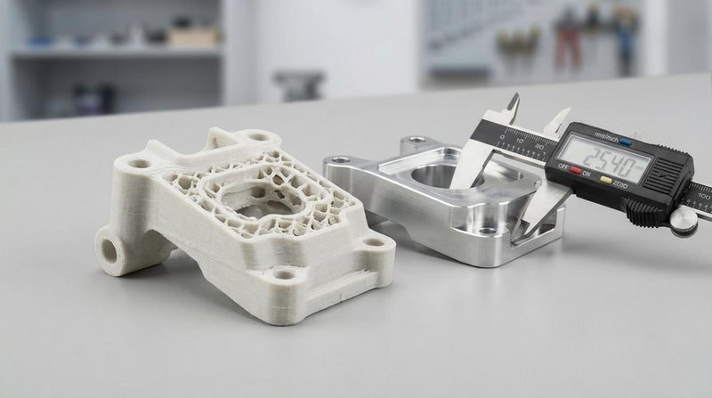 Fotorealistische vergelijking van 3D-geprint onderdeel en CNC metaaldeel met schuifmaat op grijze ondergrond