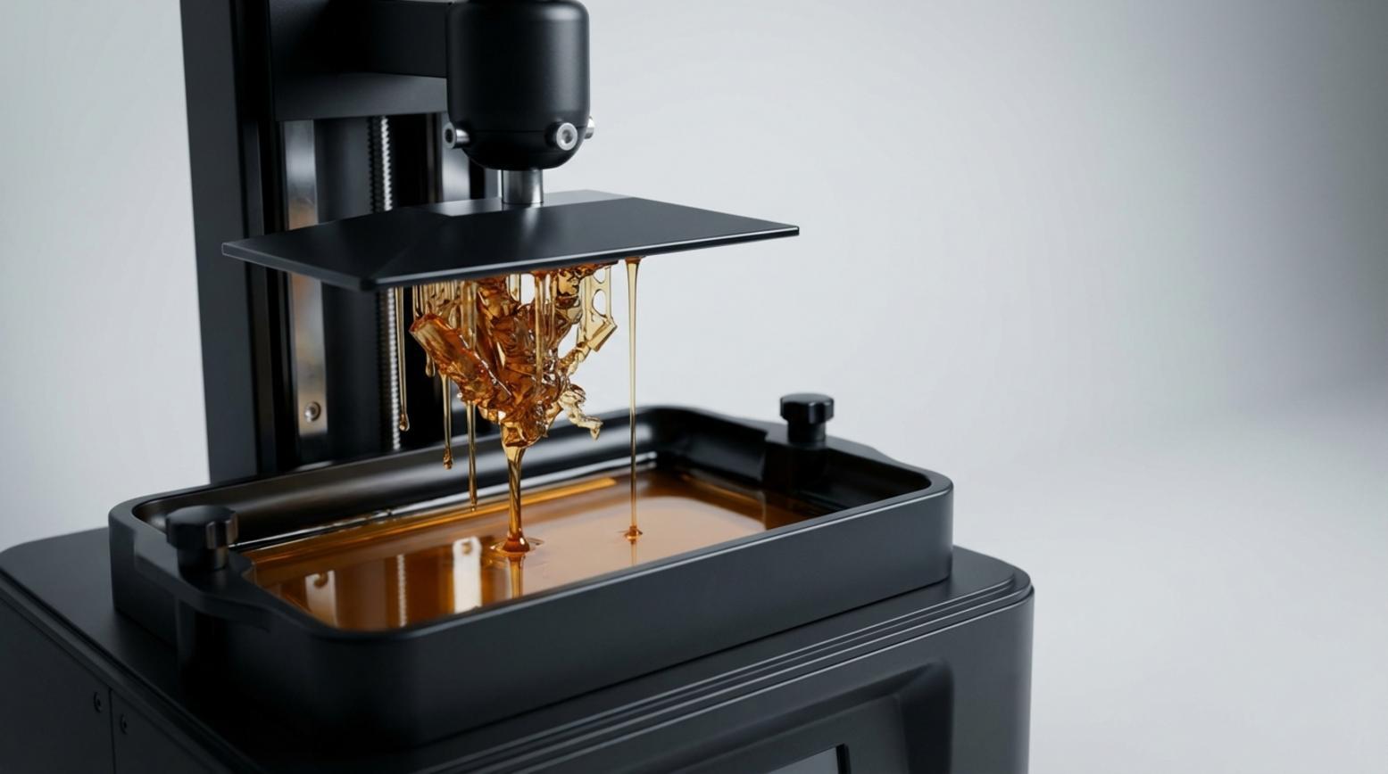 Resin 3D-printer tilt bouwplaat met gedetailleerde miniatuur uit amberkleurige hars, druppels vallen terug in vat, zachte studioverlichting en onscherpe achtergrond