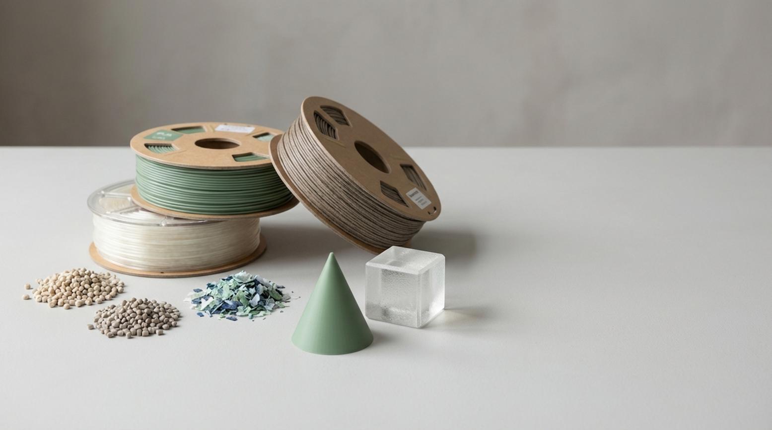 Studio-opstelling met duurzame 3D printfilamenten, spoelen, pellets en geprinte samples in zachte belichting op grijze achtergrond