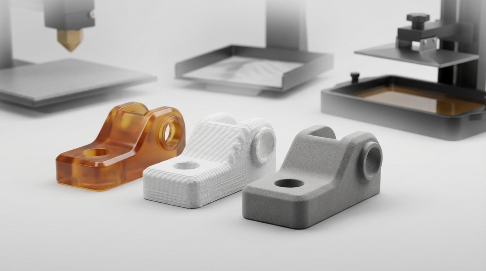  Studio photo of three 3D‑printed parts showing FDM layers, SLS grain, and glossy SLA resin.
