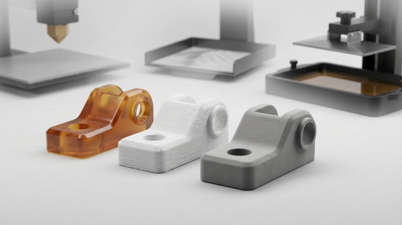  Studio photo of three 3D‑printed parts showing FDM layers, SLS grain, and glossy SLA resin.