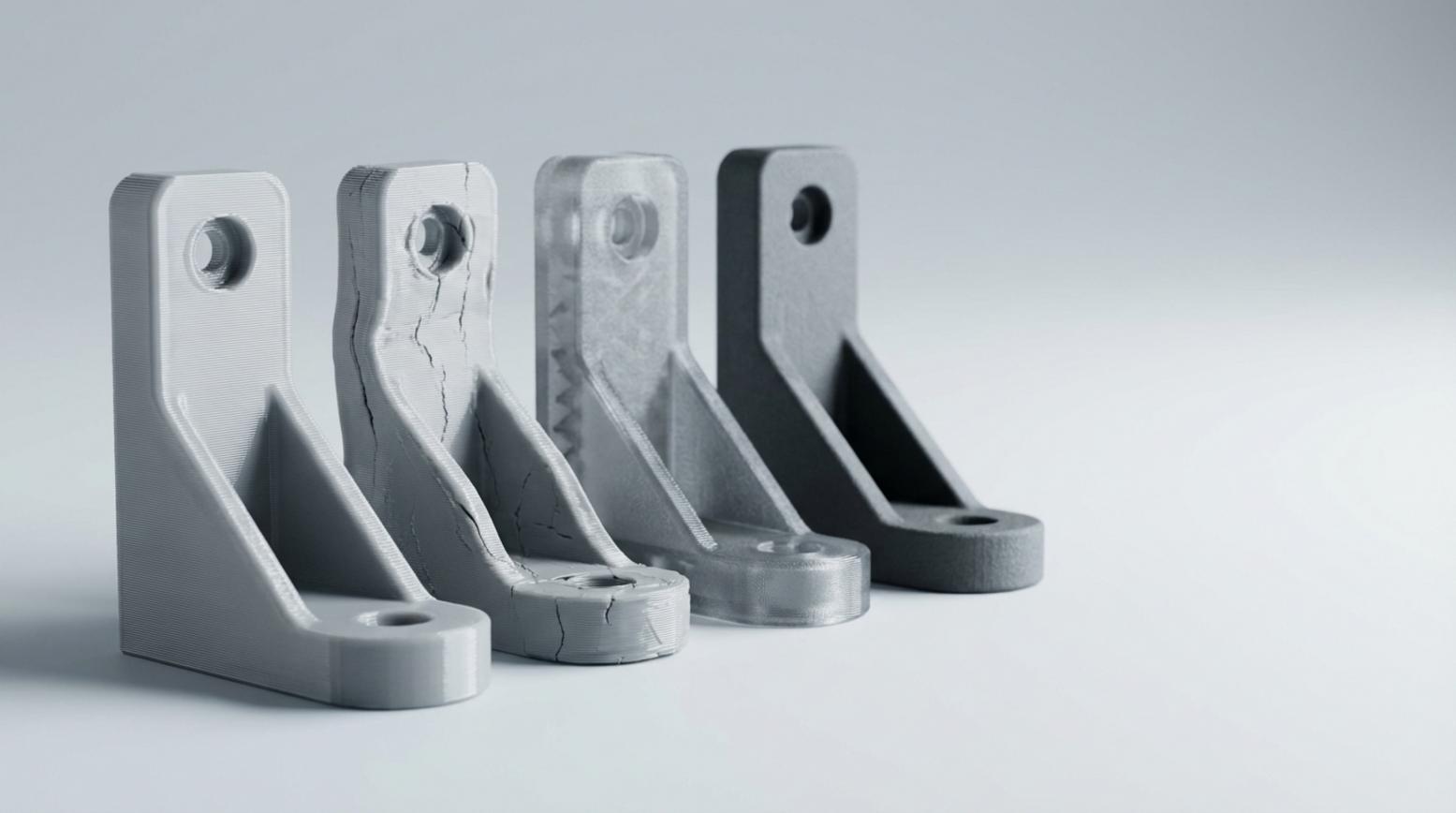 Studiofoto van 3D-geprinte PLA, PETG en ABS beugels naast elkaar, met verschillen in glans, textuur en lichte slijtage zichtbaar