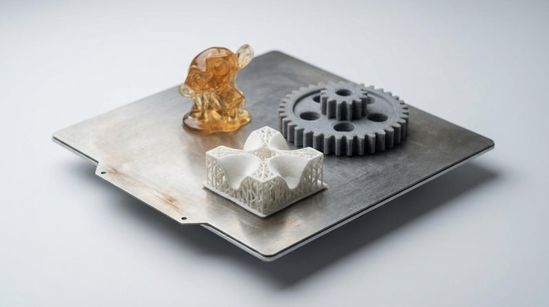 Studiofoto van bouwplaat met drie 3D prints die FDM, SLS en SLA tonen, met verschillende texturen en zachte belichting op grijze achtergrond