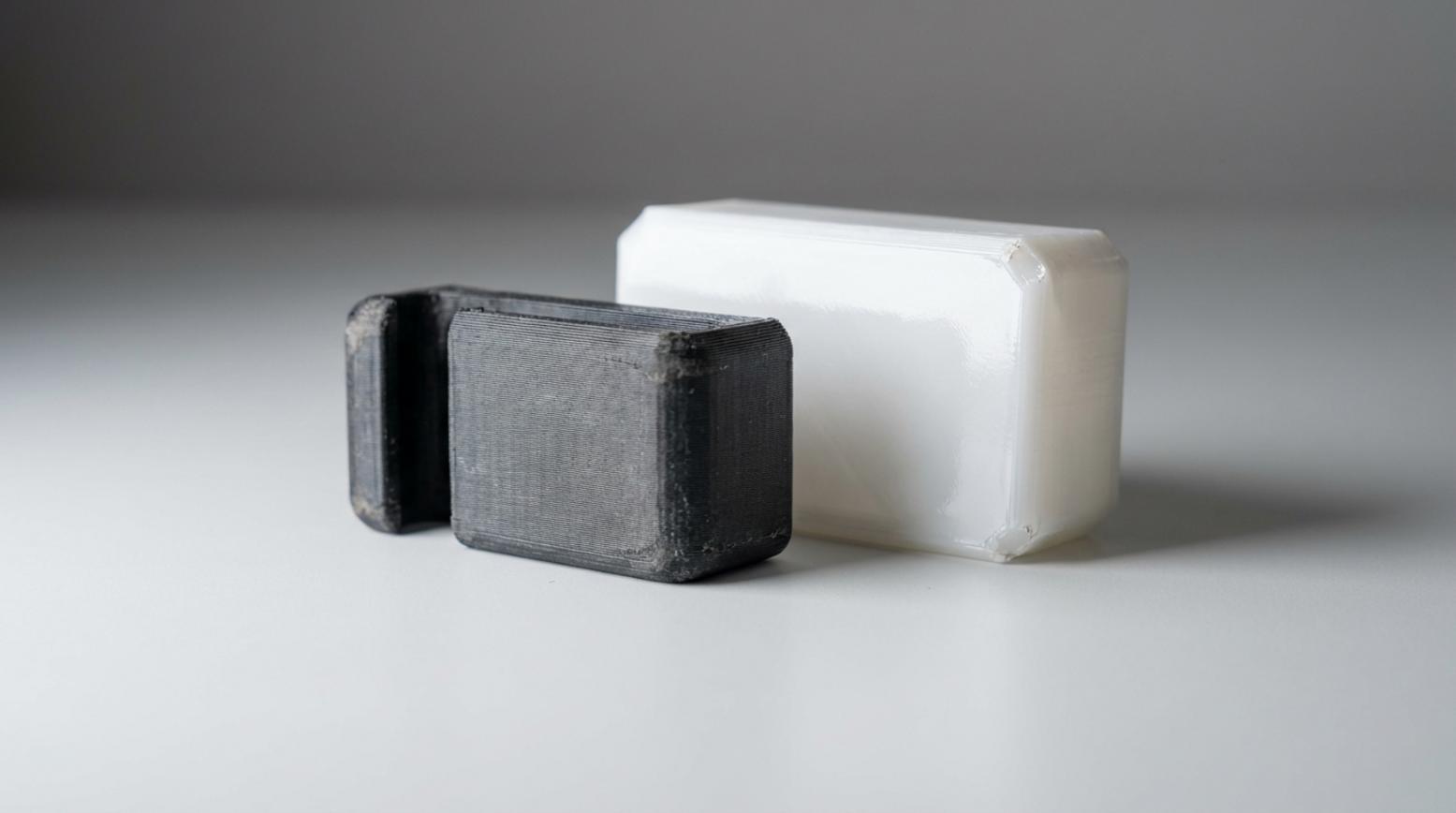 Studiofoto van twee 3D prints ABS links ruwer en PLA rechts gladder op lichtgrijze ondergrond met zachte belichting en zichtbare textuurverschillen
