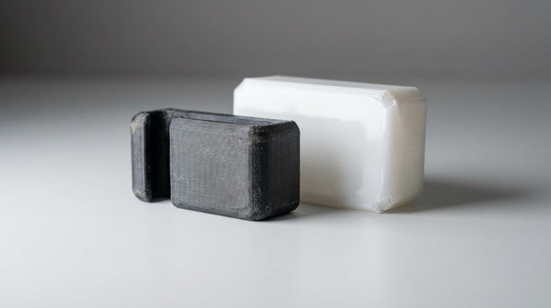 Studiofoto van twee 3D prints ABS links ruwer en PLA rechts gladder op lichtgrijze ondergrond met zachte belichting en zichtbare textuurverschillen