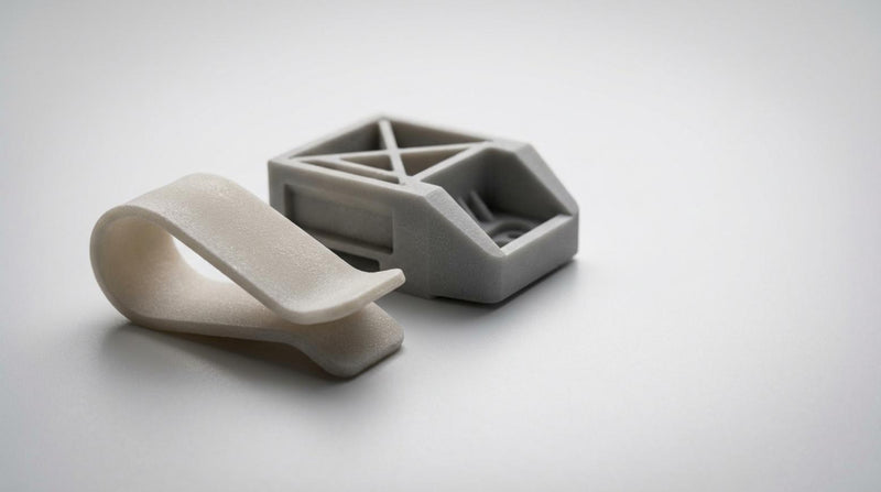 Twee SLS 3D geprinte onderdelen op grijze ondergrond flexibel gebogen clip links en stijve behuizing rechts met subtiele textuur en zachte belichting